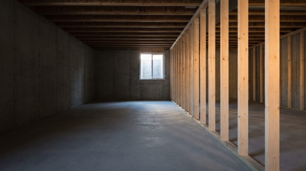 Unfinished basement with daylight from a window well