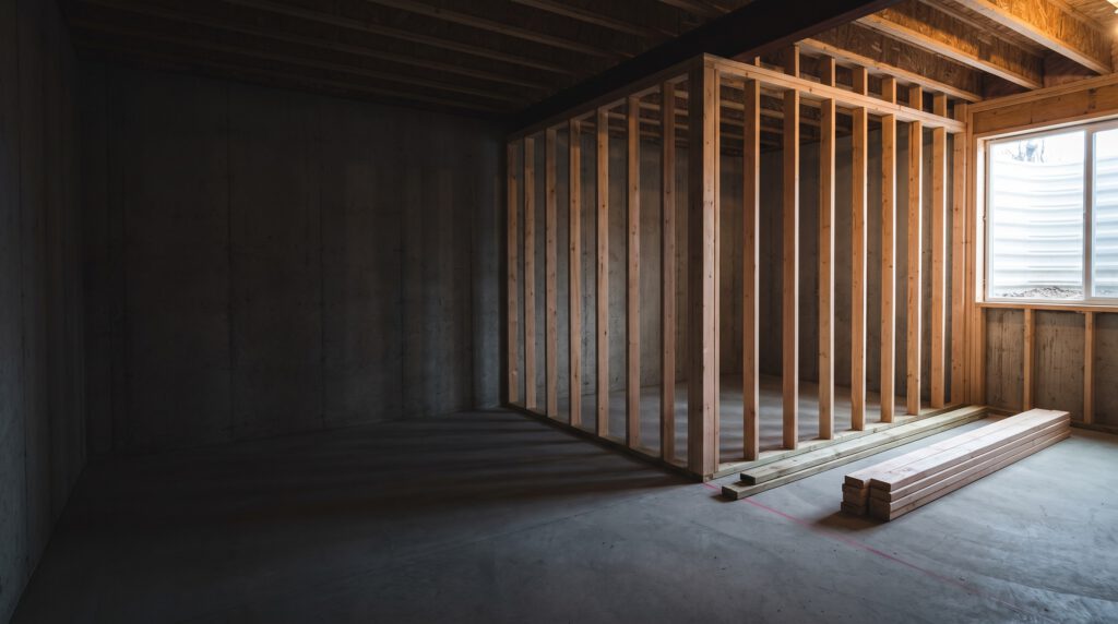 Freshly framed basement stud walls in warm work light