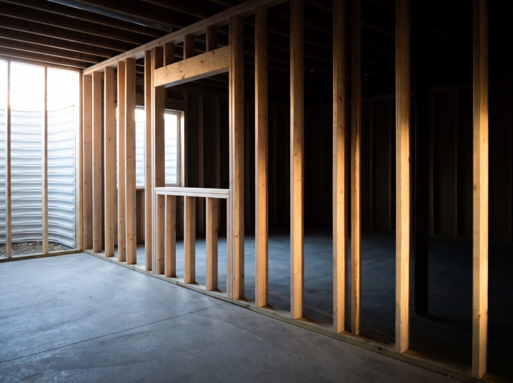 Basement framing with stud walls along a foundation wall
